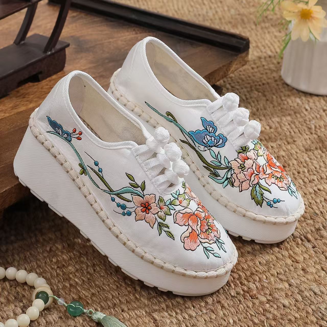 Ethnic Fabric - Women Ethnic Style Wedges Embroidered Shoes