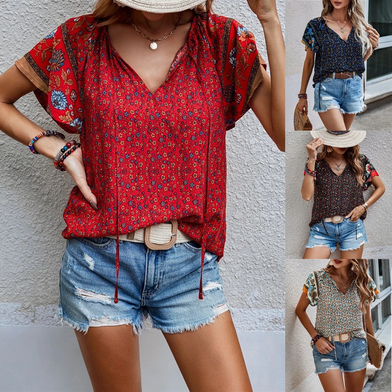 Ethnic Fashion Trend - Loose Casual Printed V-Neck Short Sleeve